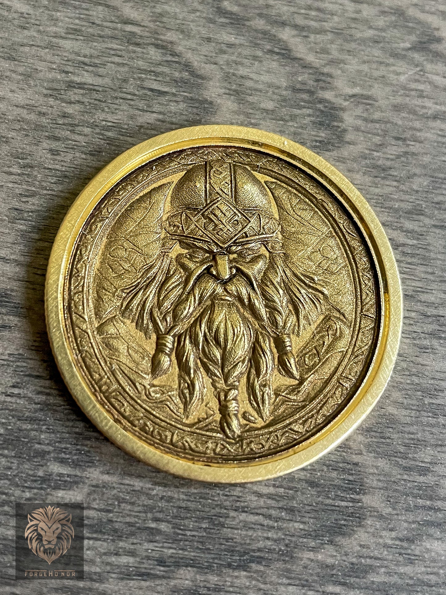 ForgeHonor Custom Brass Coin – "Dwarven Warrior" 32mm Collectible (Custom Engraving Available)