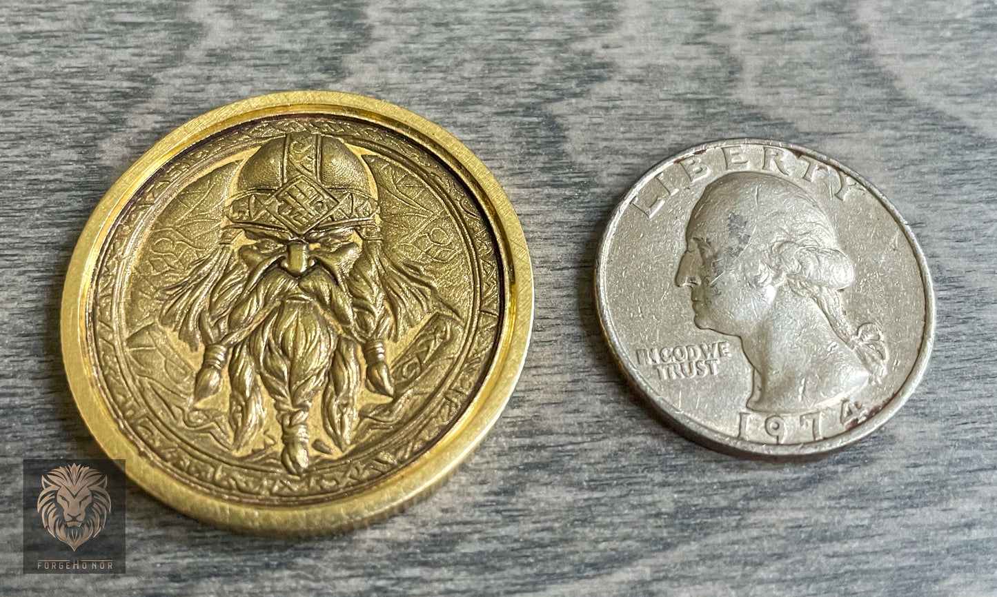 ForgeHonor Custom Brass Coin – "Dwarven Warrior" 32mm Collectible (Custom Engraving Available)